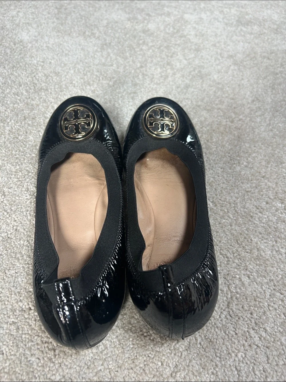 Tory Burch Black Patent Leather Logo Round-Toe Ballet Flats